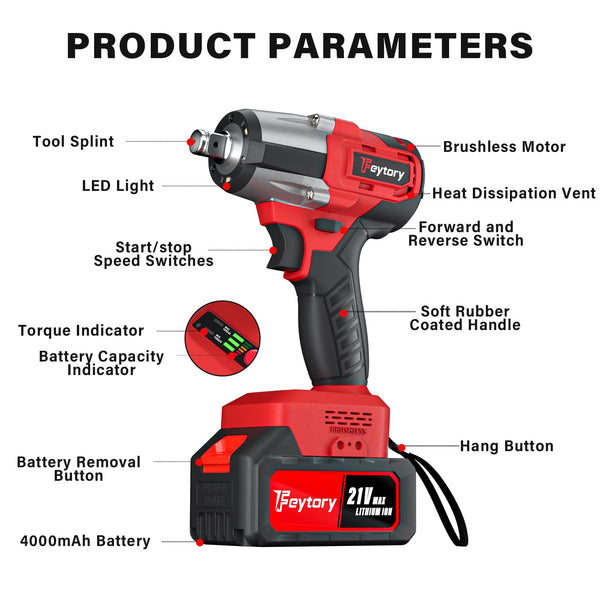 Cordless Impact Wrench,1/2" Brushless Power Impact Gun,2500RPM Electric Wrench, Max Torque 550N.m with 4 Sockets, 12PCS Screwdriver Bits, 4.0Ah Battery & Carry Box for Car Home