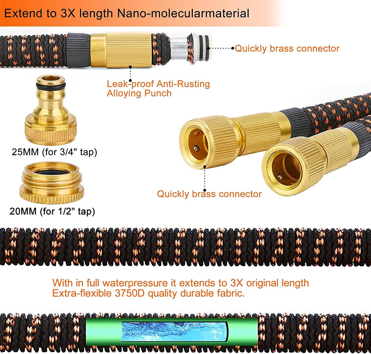 Expandable Garden Hose with 10 Modes Water Spray Gun,3/4"&1/2" Solid Brass Connectors, Durable 3450D Weave, Garden Hose Reel,No-Kink Flexible Magic