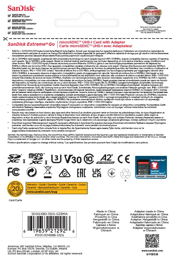 SanDisk 128GB Extreme microSDXC card +SD adapter, microSD card for smartphones, action cameras, drones, V30, up to 190 MB/s, SanDisk QuickFlow Technology, RescuePro Deluxe, UHS-I, 4k, V30, A2, U3