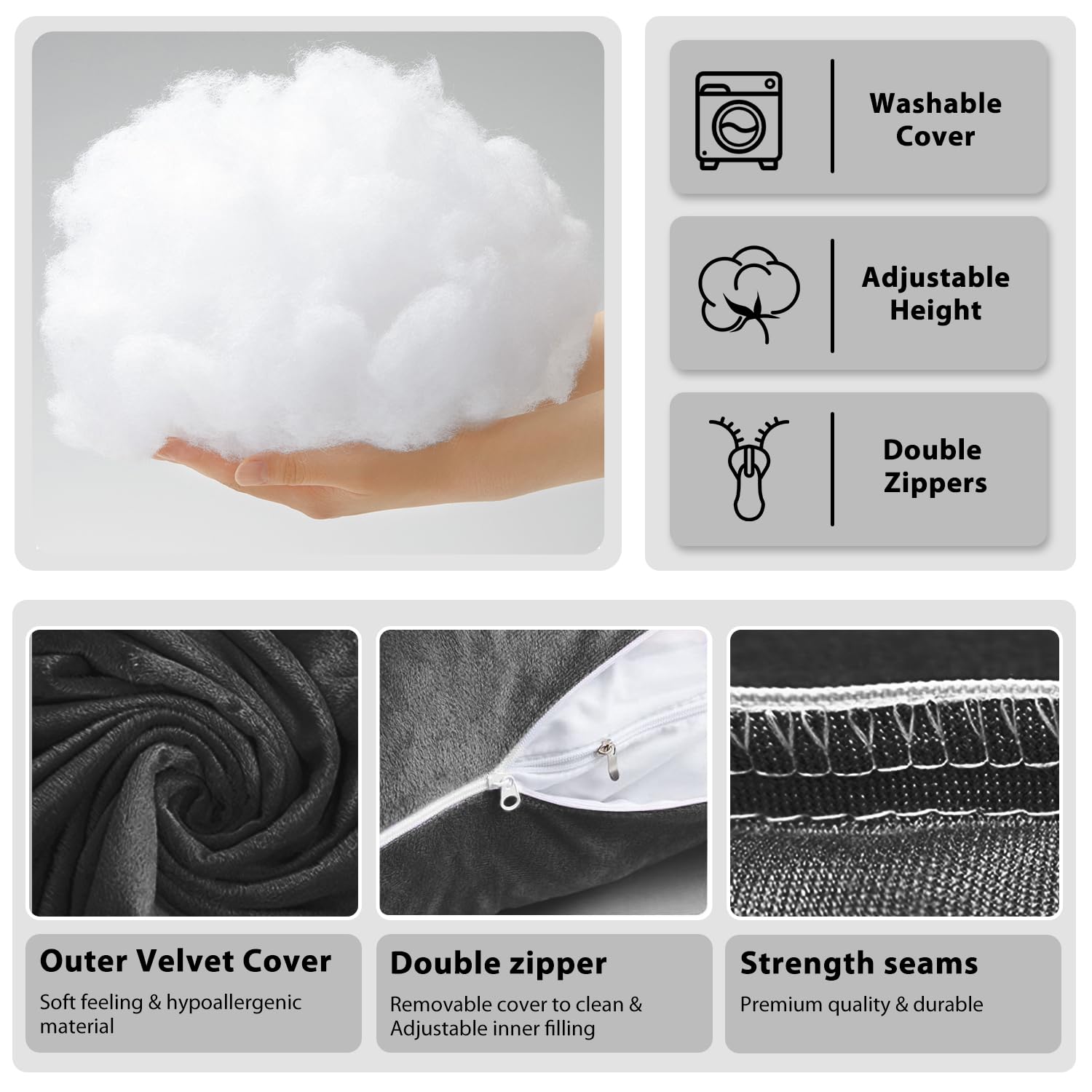 Chilling Home Pregnancy Pillows for Sleeping,U Shaped Maternity Pillow Pillow,55 inch Full Body Pillow Long Pillows for Sleeping, Maternity&Body Pillows for adults with Cover Velvet,Light Black