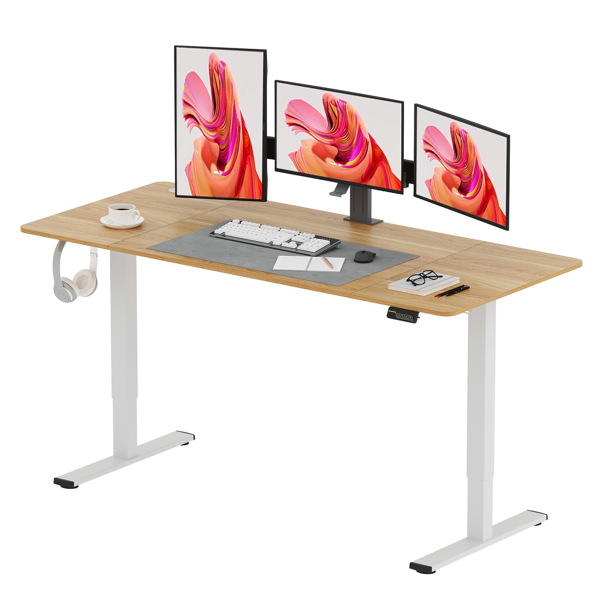 SANODESK QS1+140 * 60 Electric Standing Desk Height Adjustable Standing Desk With Memory Smart Panel Sit Stand Table With Hooks and Cupholder for Home Office （Black Frame+ Black Desktop）