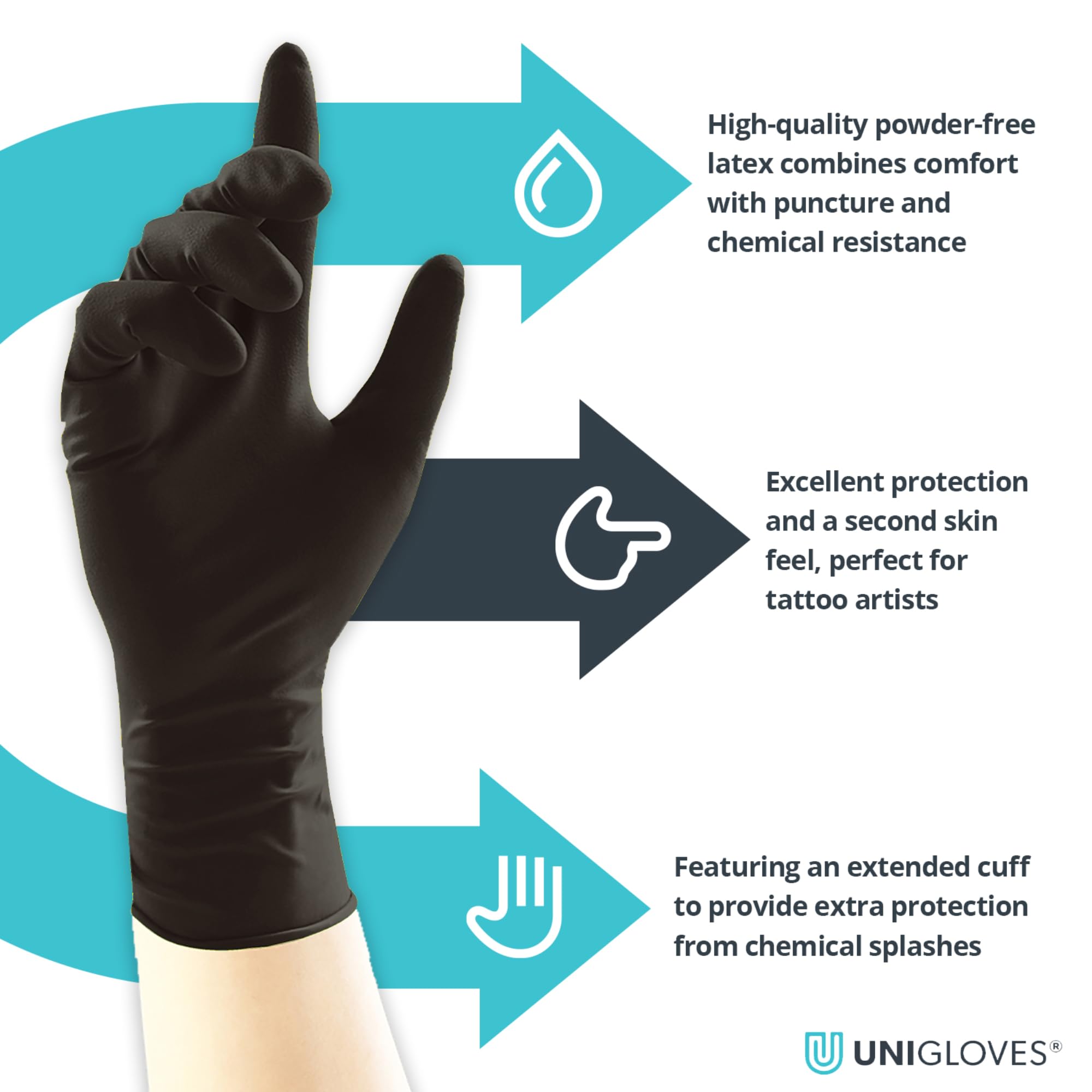 Unigloves Select Black Latex Extended Cuff GT0015 Single Use - Multipurpose, Powder Free Disposable Gloves, Optimised for Tattoo Artists, Box of 100 Gloves, Black, Extra Large
