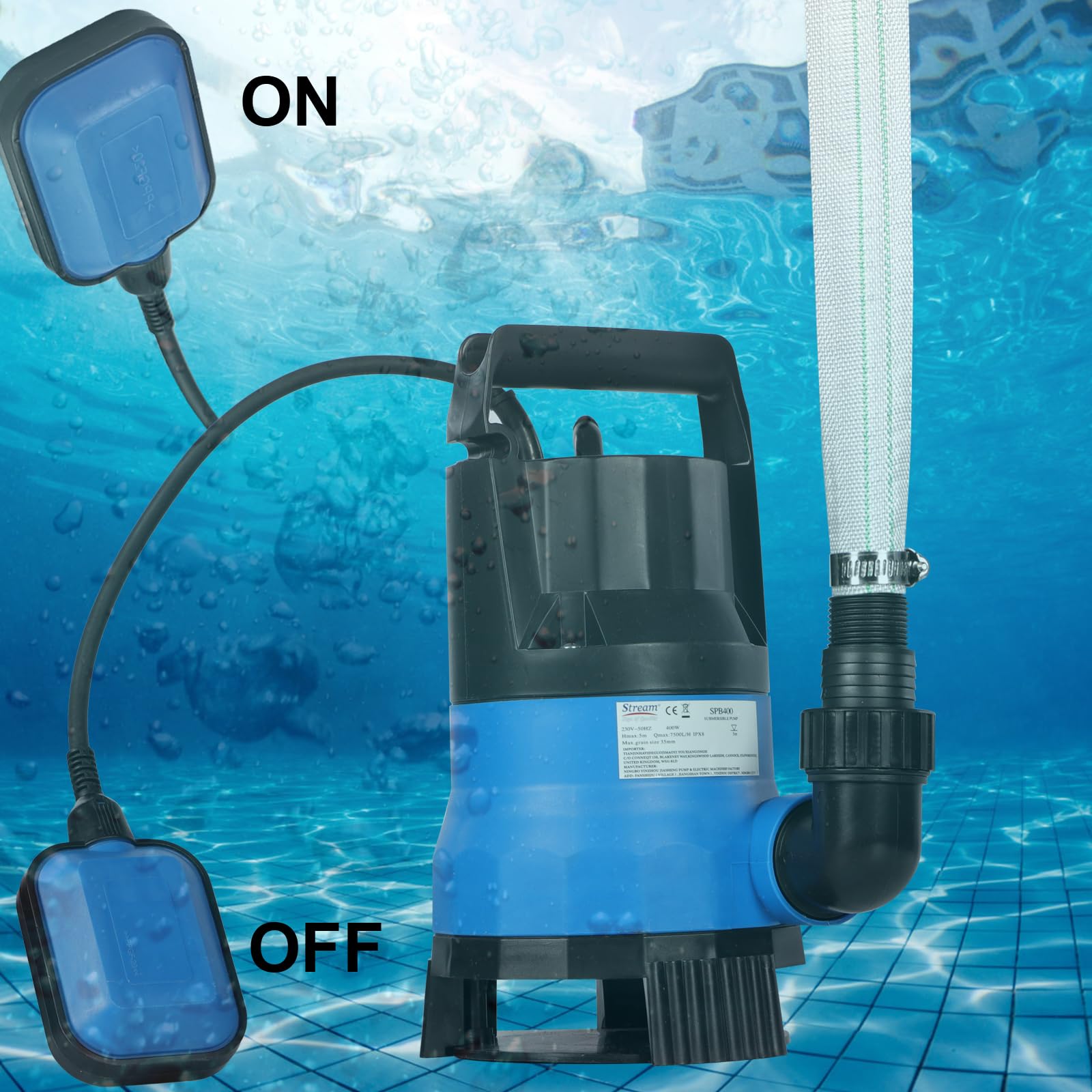 400W 7500L/H Submersible Water Pump with Hose, Water Pump to Empty Hot Tube with 10M Hose, Float Switch for Clean Dirty Water Garden Pond Pool Flooded Cellars