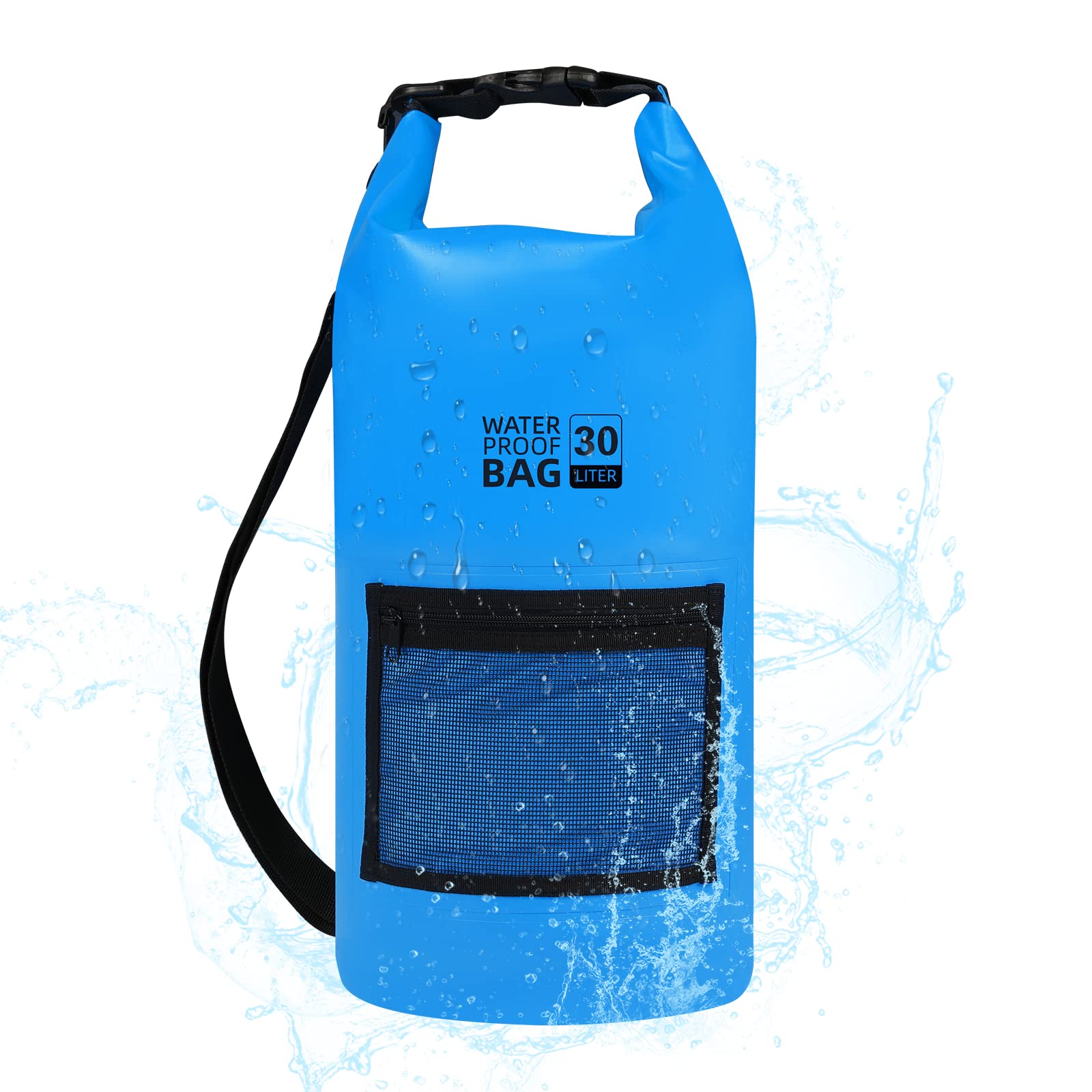Bojury Waterproof Dry Bag Backpack 30L with Mesh Pocket Adjustable Strap - Roll Top Portable Dry Sack for Kayaking Boat Tour Canoe Swimming Snow Boarding-Blue Fishing Rafting