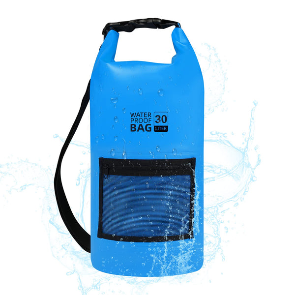 Bojury Waterproof Dry Bag Backpack 30L with Mesh Pocket Adjustable Strap - Roll Top Portable Dry Sack for Kayaking Boat Tour Canoe Swimming Snow Boarding-Blue Fishing Rafting