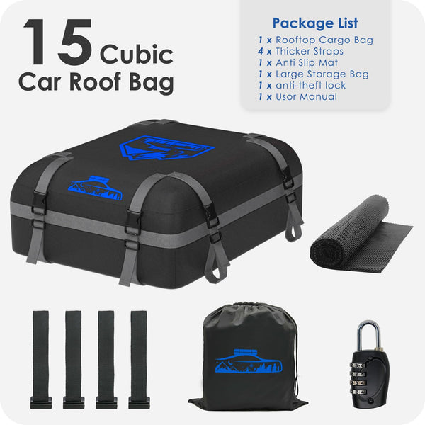 BOYUJK Car Roof Bag - 20 Cubic/566L, Waterproof, No Rack Needed, Anti-Slip Mat & 6 Heavy-Duty Straps, Folding Soft Roof Box (Blue, 566L)