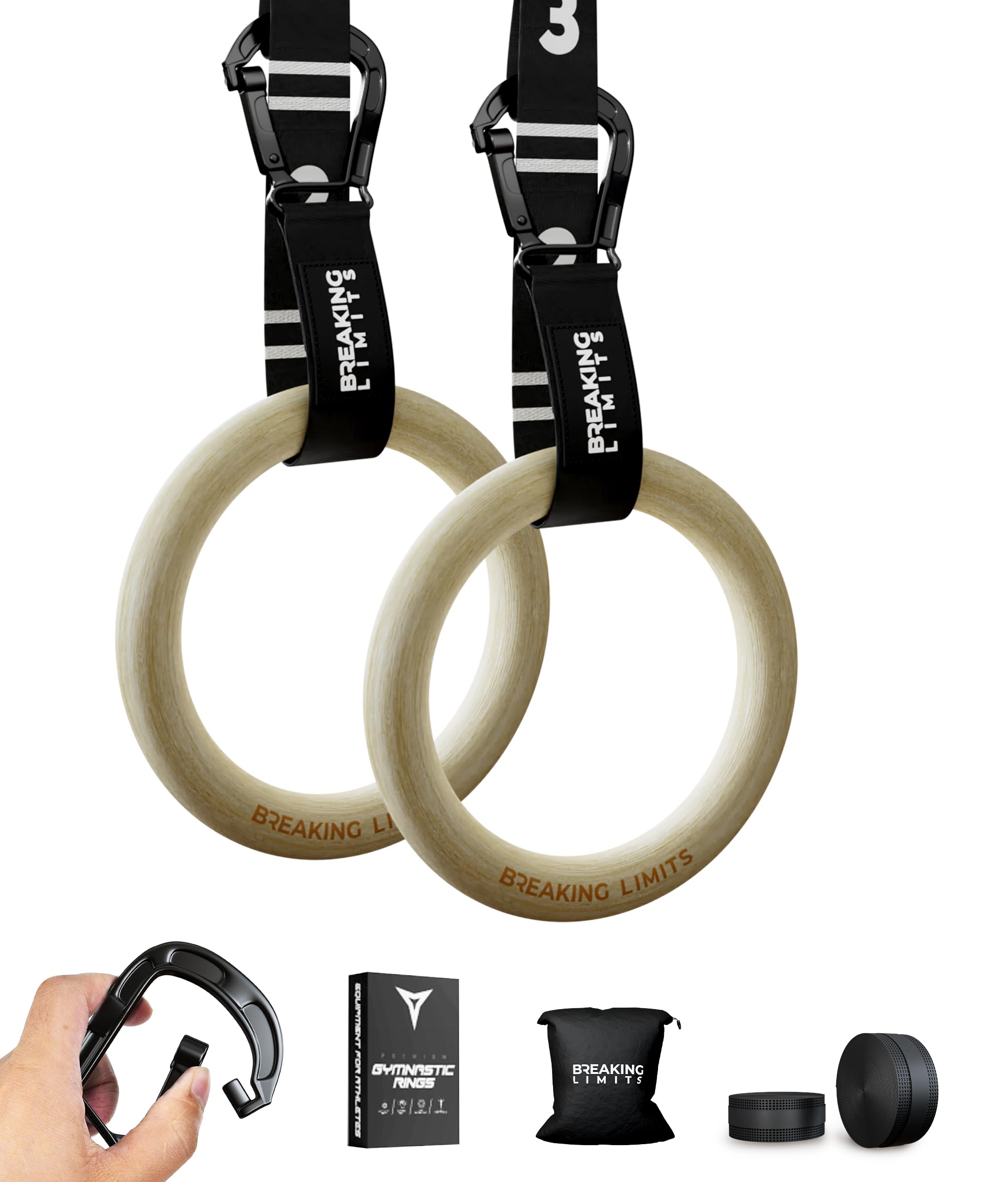 BREAKING LIMITS Gymnastics Rings - Adjustable Straps with Quick Release & Carabiner - Textured & Non-Slip Birch Wood Gym Rings - As Calisthenics