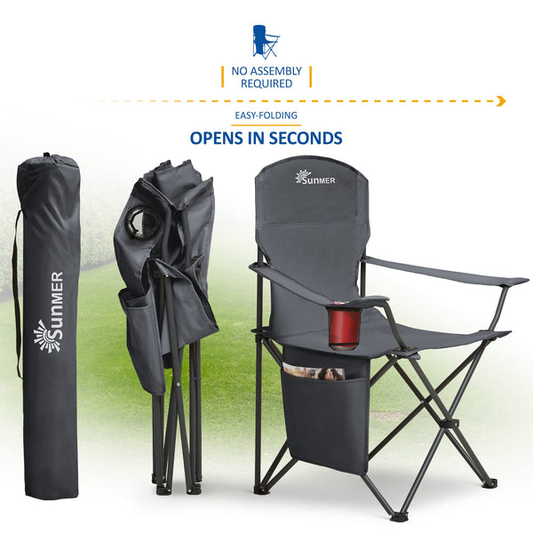 SUNMER Set of 2 Folding Camping Chairs, Extra-Wide Lightweight Outdoor Chairs with Armrests, Cup Holder and a Side Pocket, 120kg Capacity per Chair - Black