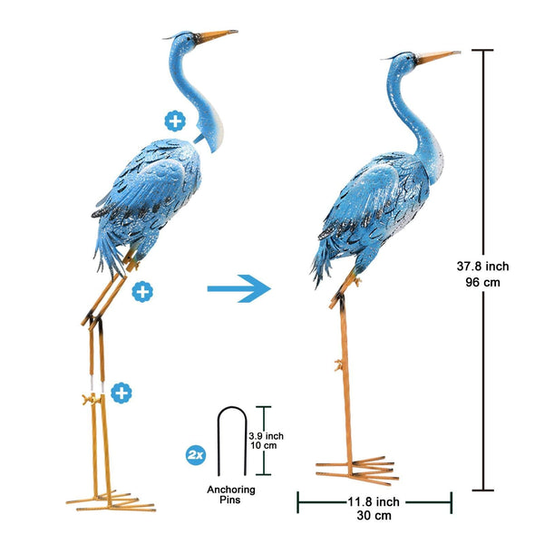 Goodeco 96cm Standing Blue Metal Crane Statue Garden Ornaments - Indoor/Outdoor Heron Garden animal Sculpture Gifts Idea for