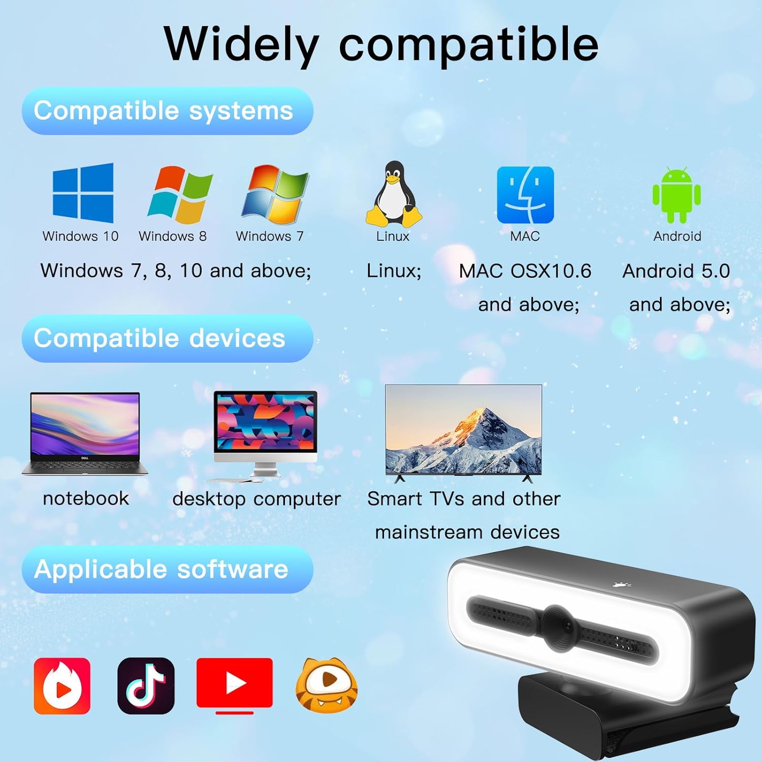 Webcam for PC with Microphone, 4K Webcam Streaming Camera, Web Cam with Cover and Rotatable Clip for Desktop, Laptop, Plug and Play USB Camera for Video Calling, Conference, Meeting, Studying, Gaming