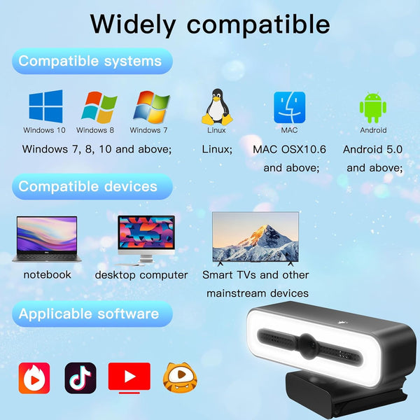 Webcam for PC with Microphone, 4K Webcam Streaming Camera, Web Cam with Cover and Rotatable Clip for Desktop, Laptop, Plug and Play USB Camera for Video Calling, Conference, Meeting, Studying, Gaming