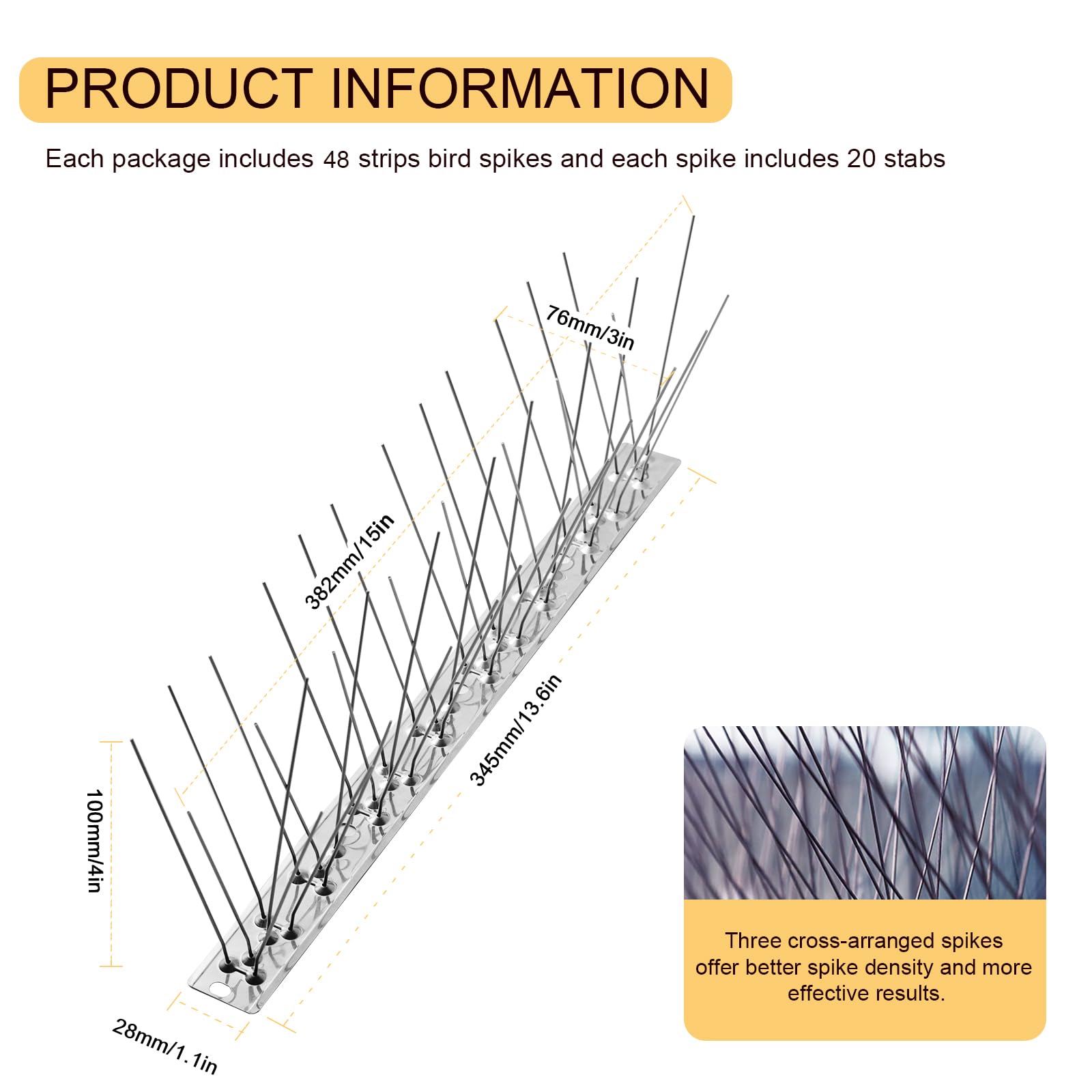 OFFO Bird Spikes with Stainless Steel Base,Cover 16.5m Pigeon Spikes for Roofs and Windows,Bird Deterrent Spikes Set for Deterring Crows,Seagulls and