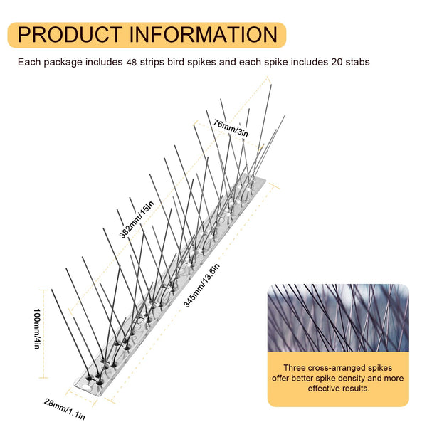 OFFO Bird Spikes with Stainless Steel Base,Cover 16.5m Pigeon Spikes for Roofs and Windows,Bird Deterrent Spikes Set for Deterring Crows,Seagulls and