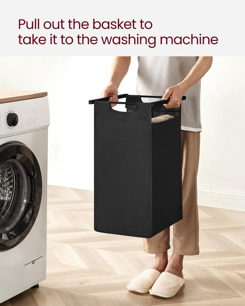 VASAGLE Laundry Basket, Laundry Hamper, Pull-Out and Removable Liner Bag, Shelf, Metal Frame, 65 L, 50 x 33 x 72 cm, Ink Black and Rustic Brown BLH101B01