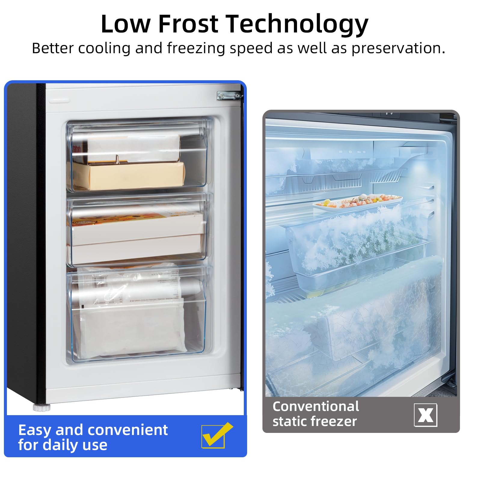 CHiQ FBM157L4EU, Fridge Freezer, 157L, 70/30, 12-Year Compressor Service, Low Frost, E, 39 dB, 48cm Wide 144cm Tall, Black