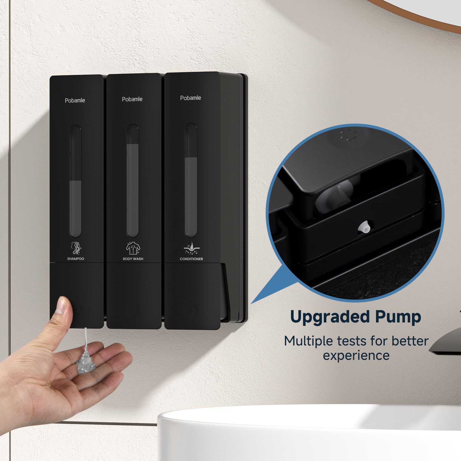 1984 Shower Soap Dispenser Bathroom Set Shampoo Conditioner Body Wash Wall Mounted 3 Chamber No Drill for Home Star Hotel 3 x 400ml Black