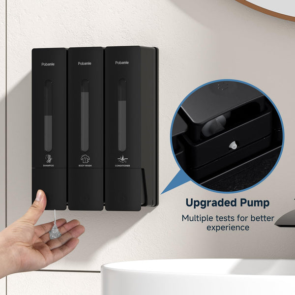 1984 Shower Soap Dispenser Bathroom Set Shampoo Conditioner Body Wash Wall Mounted 3 Chamber No Drill for Home Star Hotel 3 x 400ml Black