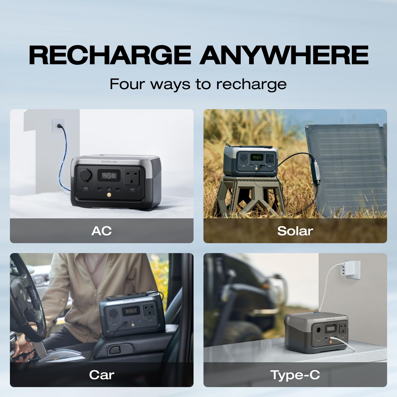 EF ECOFLOW RIVER 2 256Wh Portable Power Station with XT60 Cable, Solar Generator with LiFeP04, up to 600 W Power, Quick Charge in 1 Hour, Balcony Power for Camping/Emergency Power/Motorhomes/Home