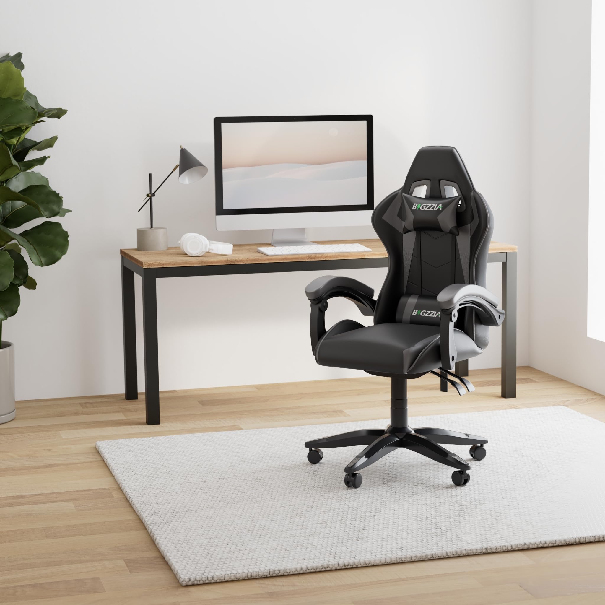 bigzzia Ergonomic Gaming Chair - Gamer Chairs with Lumbar Cushion + Headrest, Height-Adjustable Office & Computer Chair for Adults (without footrest, White)
