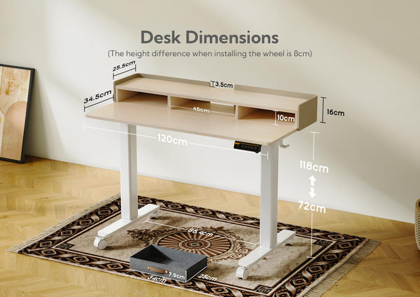 Claiks Electric Standing Desk with Drawers, 120x60cm Height Adjustable Desk with Storage Shelf and Splice Board, Stand Up Desk for Home Office, White Frame/Maple Top