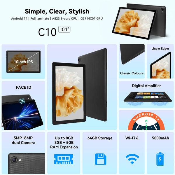 Whitedeer Tablet 10 inch Octa-Core Processor Android 14 Tablet, Face ID丨OTG, 8GB+64GB/1TB TF, 1280*800丨5G WiFi丨BT5.3丨Tab PC with Dual Camera 5MP+8MP, Support Split-Screen, 5000mAh, Widevine L1(Black)