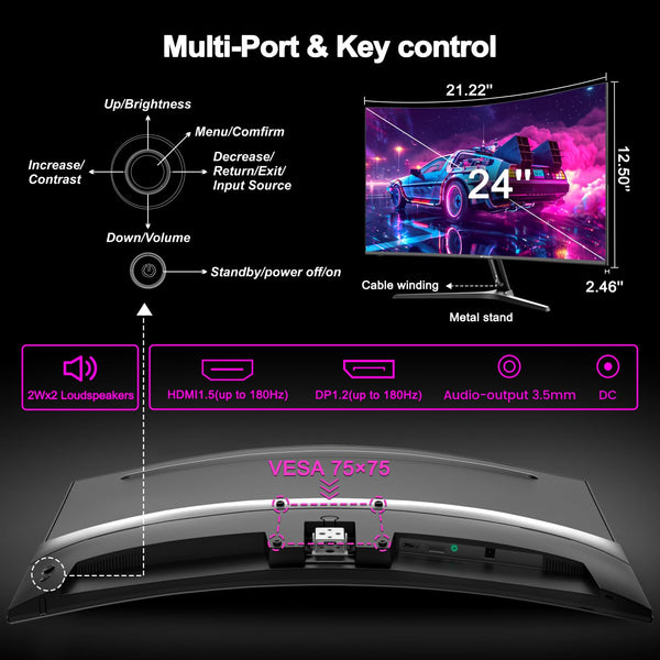 Minifire 27 Inch Gaming Monitor, 180Hz, Curved Gaming Monitor, Built in Speaker, Crosshair, 1Ms, sRGB130%, FHD 1080P Computer Screen, VESA Compatible, Eye Care Adaptive Sync HDMI＆DP Prots （MFG27C1 ）