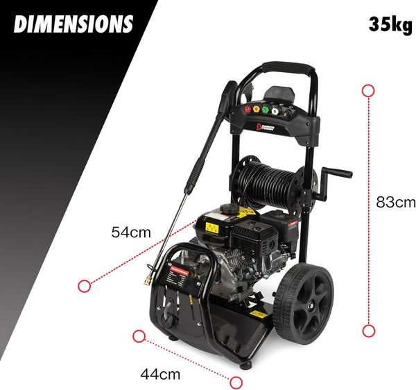 Bimson Power Petrol Pressure Washer UK Jet Wash 2900 PSI / 180 Bar, 30 meter Hose, Power Washer with 5 Spray Nozzles, Detergent tank 6L, High Pressure Washer, Portable, 2 Year Warranty