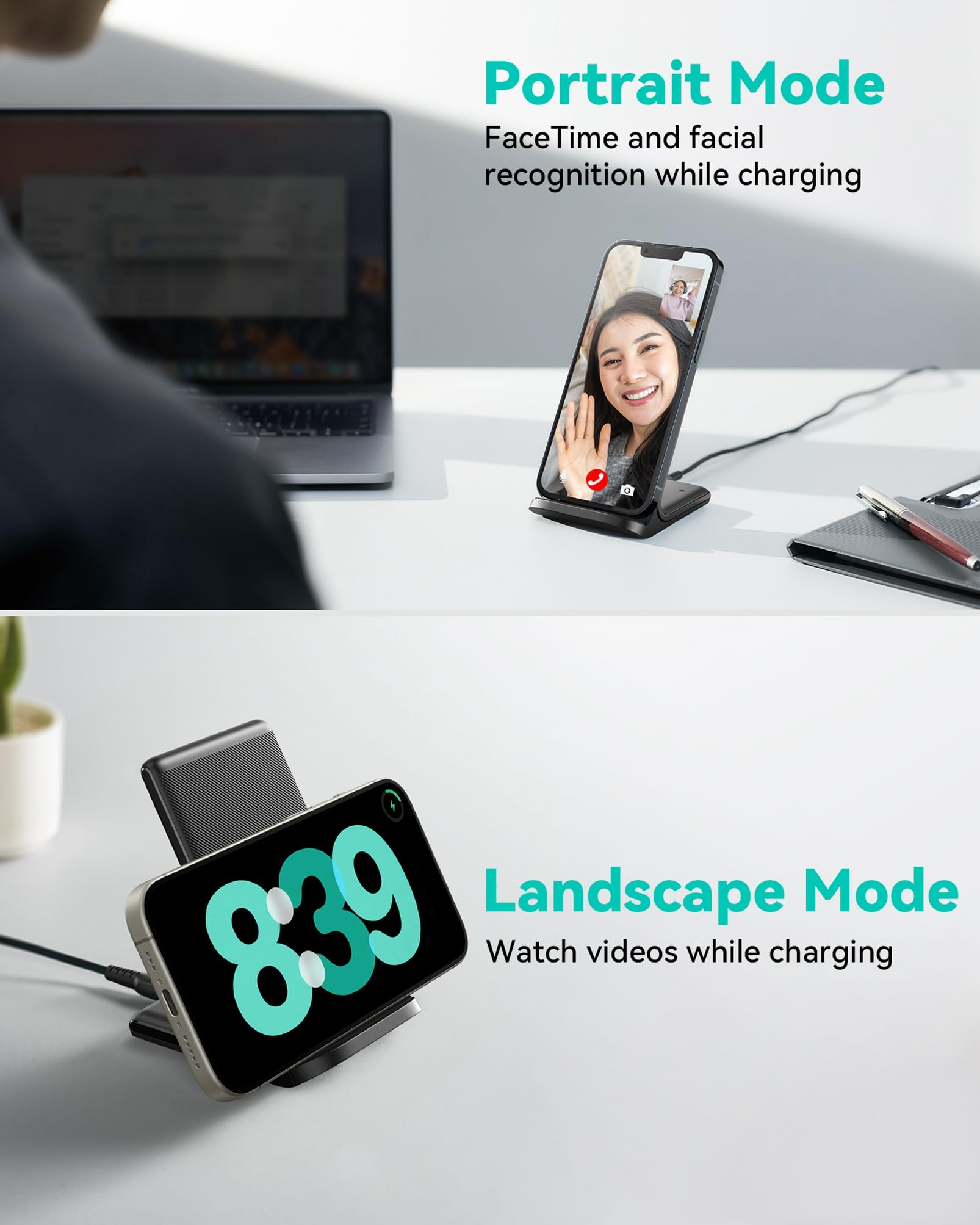 INIU Wireless Charger Stand, 15W Qi Fast Charging Dock Phone Charger, Adaptive LED Wireless Charging Station for iPhone 16 15 14 13 12 11 9 8 XR, Samsung S22 S21 S10 S9, LG V40 G8, Pixel 8 7 6 etc.