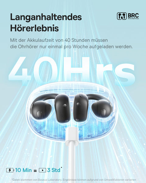 Baseus Bowie MC1 Open-Ear Headphones – Lightweight Bluetooth Air Clip with 40H Battery Life & Bass Ai HiFi Sound Quality & Bluetooth 5.4, (5.2g) with IP57 for Sports & Travel - White