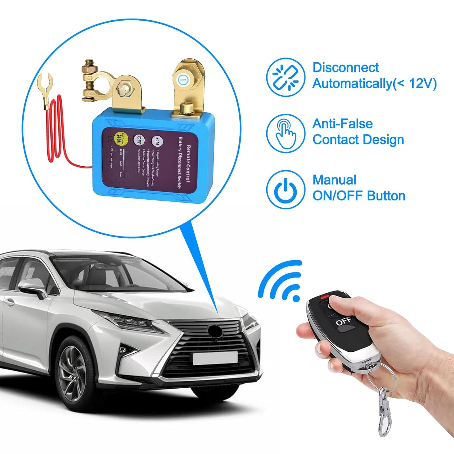 Wireless Remote Control Car Isolator Switch, 12V 240A Battery Disconnect, Energy-Saving Anti-Theft Isolator with 2 Remotes for Car, RV, ATV, Truck, Camper, Boat