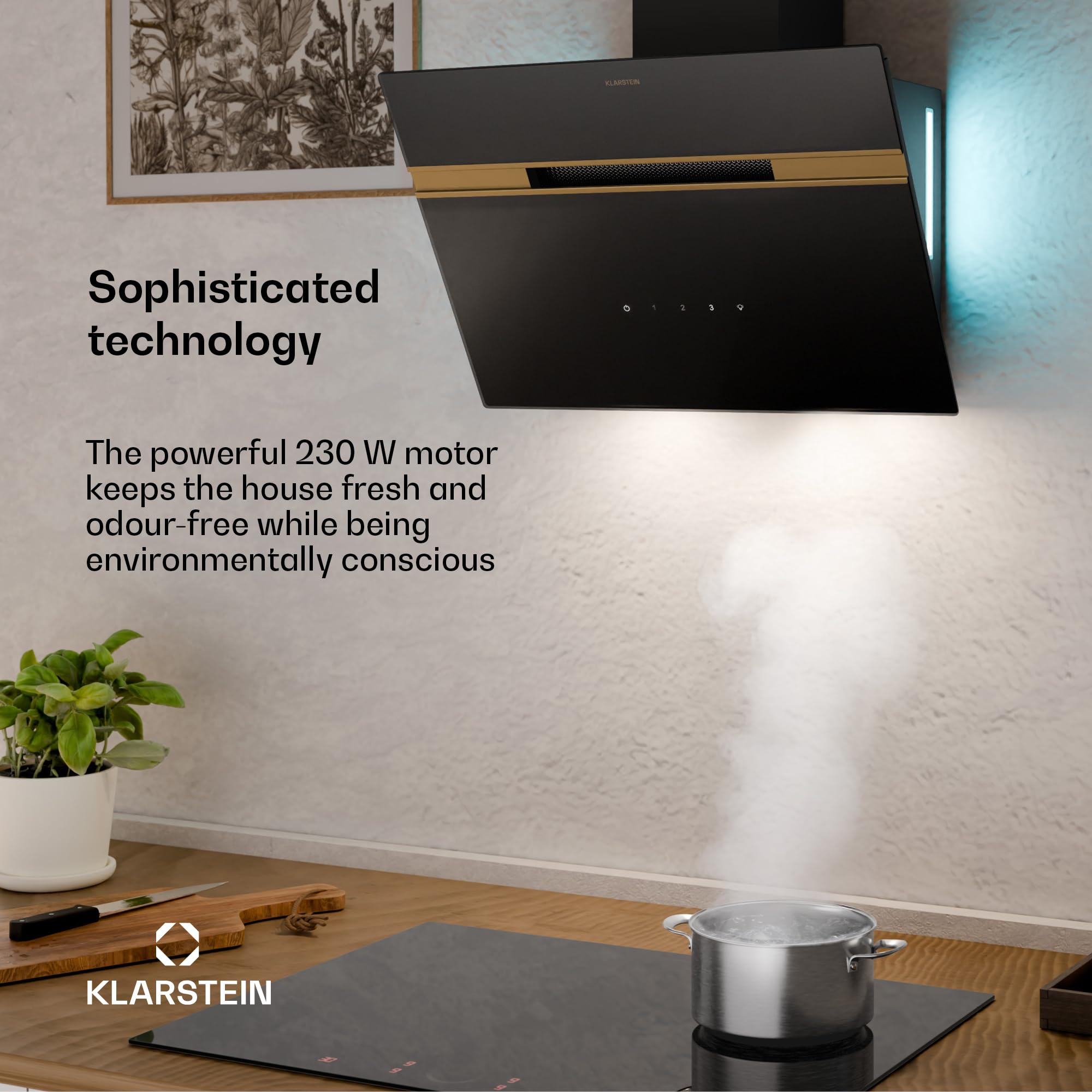Klarstein Alina 90 Angled Cooker Hood - 600m³/h Air Flow, Touch Panel, LED Backlighting, Quiet 63dB, Energy Class A, 90cm Extractor Hood, Black