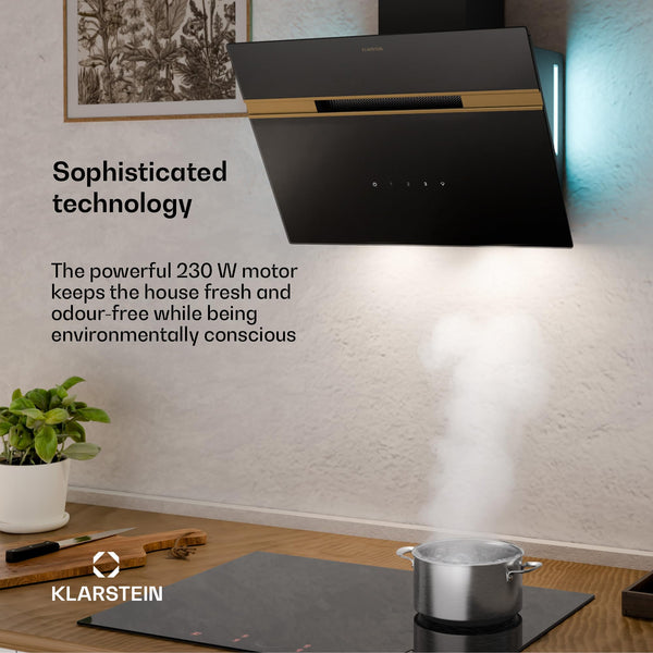 Klarstein Alina 90 Angled Cooker Hood - 600m³/h Air Flow, Touch Panel, LED Backlighting, Quiet 63dB, Energy Class A, 90cm Extractor Hood, Black