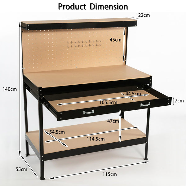 SwitZer New Red Steel Garage Tool Box Toolbox Work Bench Workbench Storage With Drawers Pegboard and 20 Pegs Shelf DIY Workshop Station