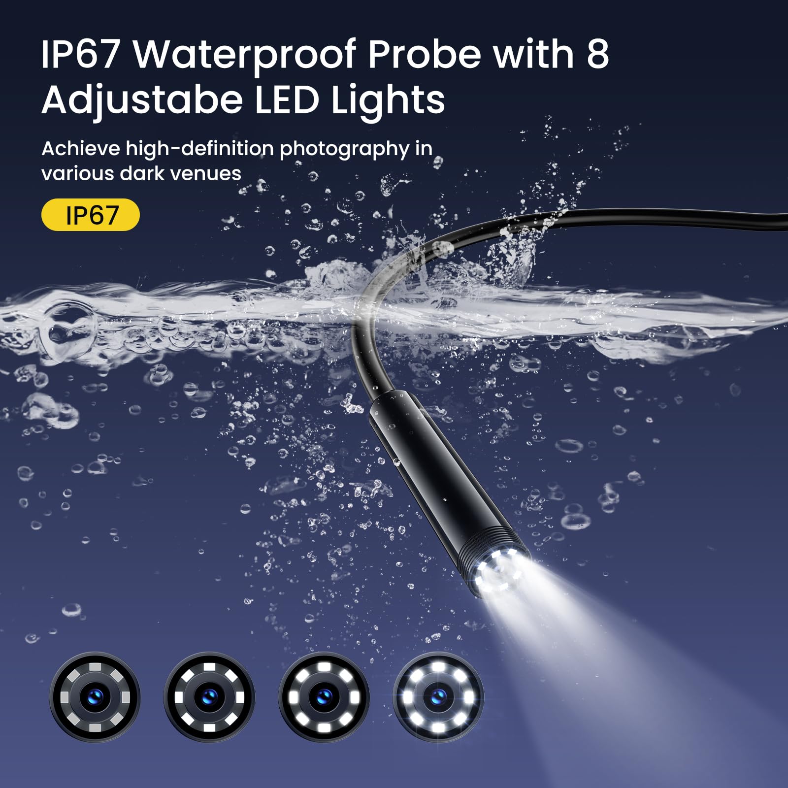 FORKODA Endoscope Inspection Camera - 1920 HD Flexible Rigid Snake Inspection Camera, 8 LED Lights Adjustable IP67 Waterproof Probe Drain Endoscope Camera for Android and iOS(16.4 ft/ 5m)