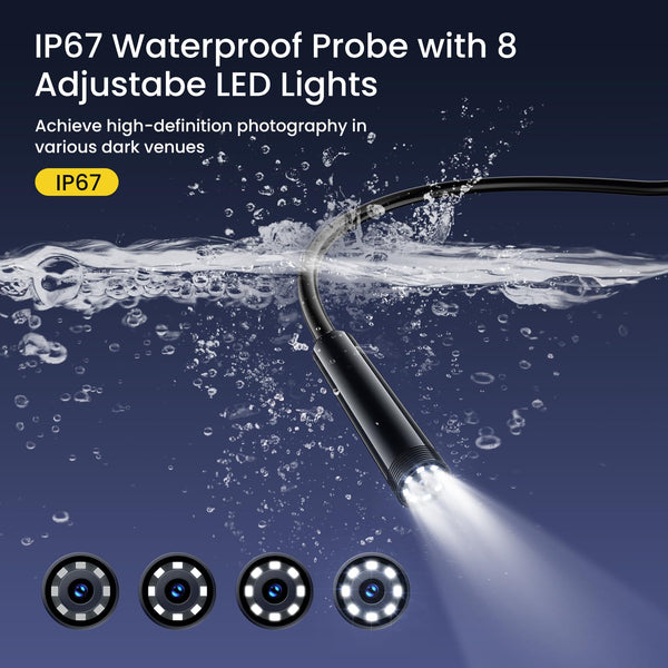 FORKODA Endoscope Inspection Camera - 1920 HD Flexible Rigid Snake Inspection Camera, 8 LED Lights Adjustable IP67 Waterproof Probe Drain Endoscope Camera for Android and iOS(16.4 ft/ 5m)