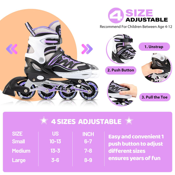 2pm Sports Adjustable Inline Skates, Stylish Design Beginner Roller Skates for Boys and Girls