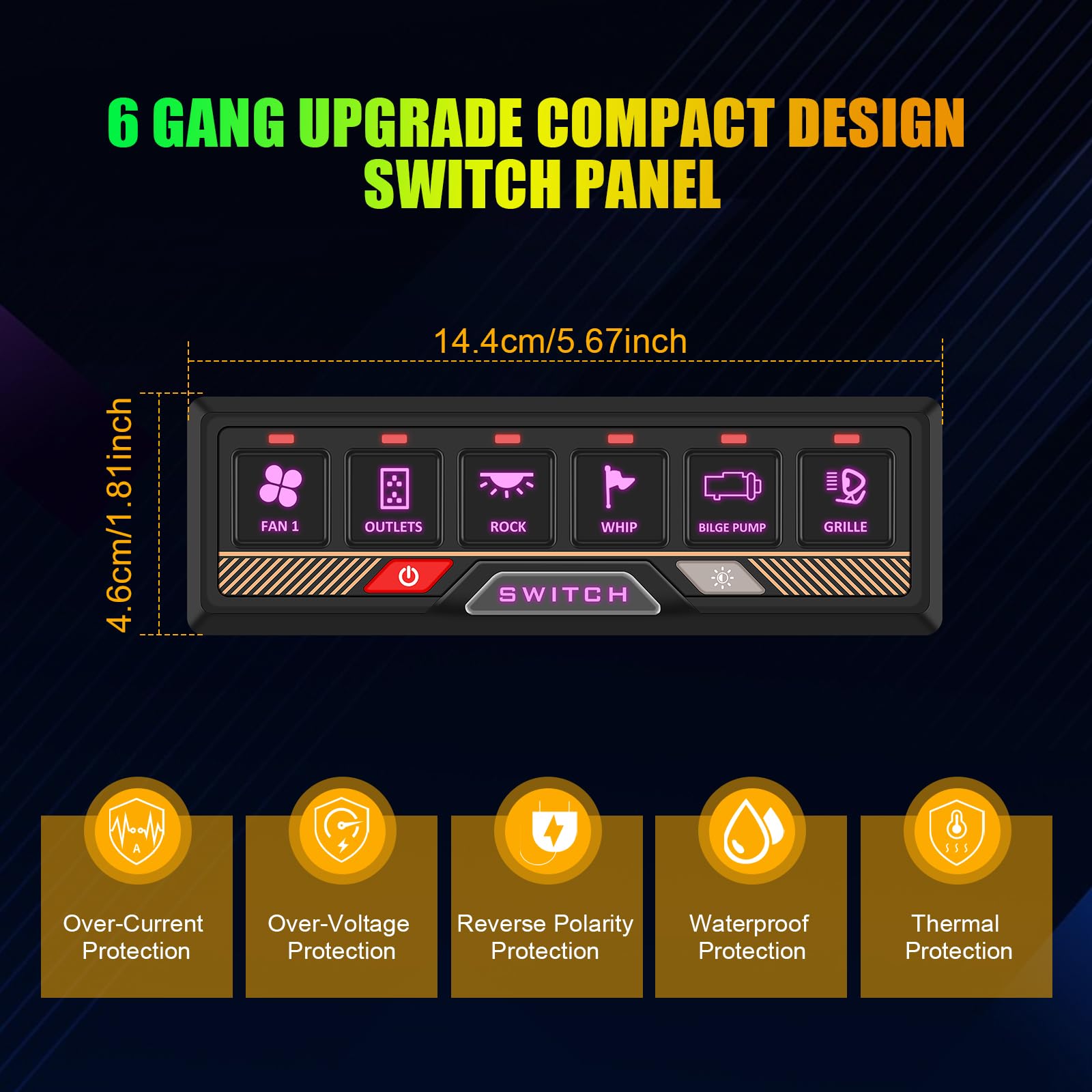 Chelhead RGB 6 Gang Switch Panel with APP Control, Universal Circuit Control Relay System, Multi-Function Bluetooth Remote Switch Panel, Compatible with Truck Boat SUV RV Trailer Marine ATV UTV