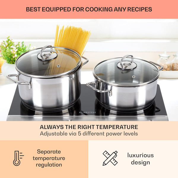 Klarstein Ceramic Hob, 2400W Electric Hob Ceramic Cooker, 2 Ring Electric Pan Hob, Built-In Table Top Cookers w/ 2 Hobs, Stainless Steel Ceramic Heater Cooktops, Electric Hot Plates for Cooking