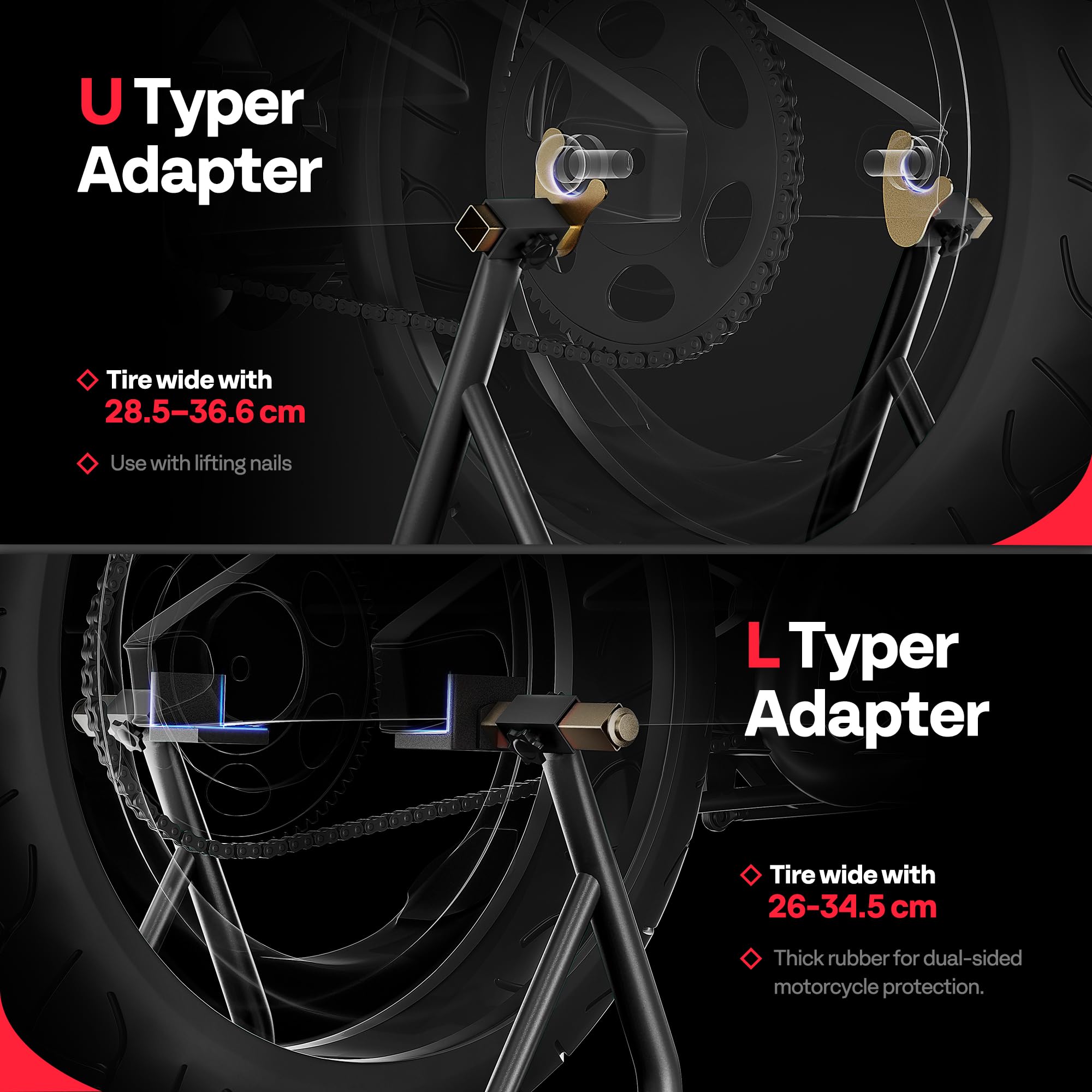 SPECSTAR Motorcycle Paddock Stand Combo 400kg Capacity Front and Rear Wheel Lift with U & L Fork Adjustable Swingarm Spool Stands for Motorbike Garage Repair Use Scissor Stand with 4 Wheels