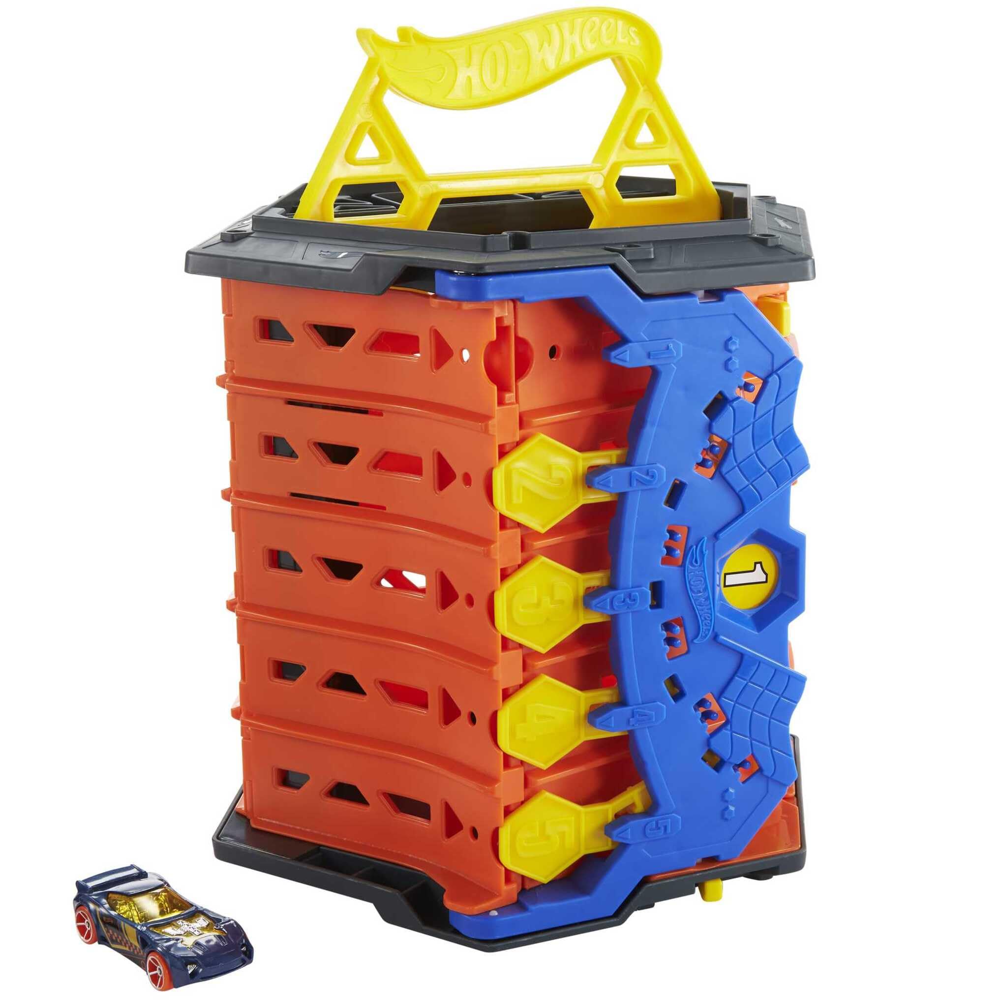 Hot Wheels Track Builder Action, Roll Out Raceway, Track Set with 5 Lane Racetrack and Toy Storage Bucket, Includes 1 Toy Car, Toys for Ages 4 to 10, One Pack, HGK41