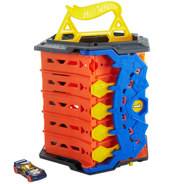 Hot Wheels Track Builder Action, Roll Out Raceway, Track Set with 5 Lane Racetrack and Toy Storage Bucket, Includes 1 Toy Car, Toys for Ages 4 to 10, One Pack, HGK41