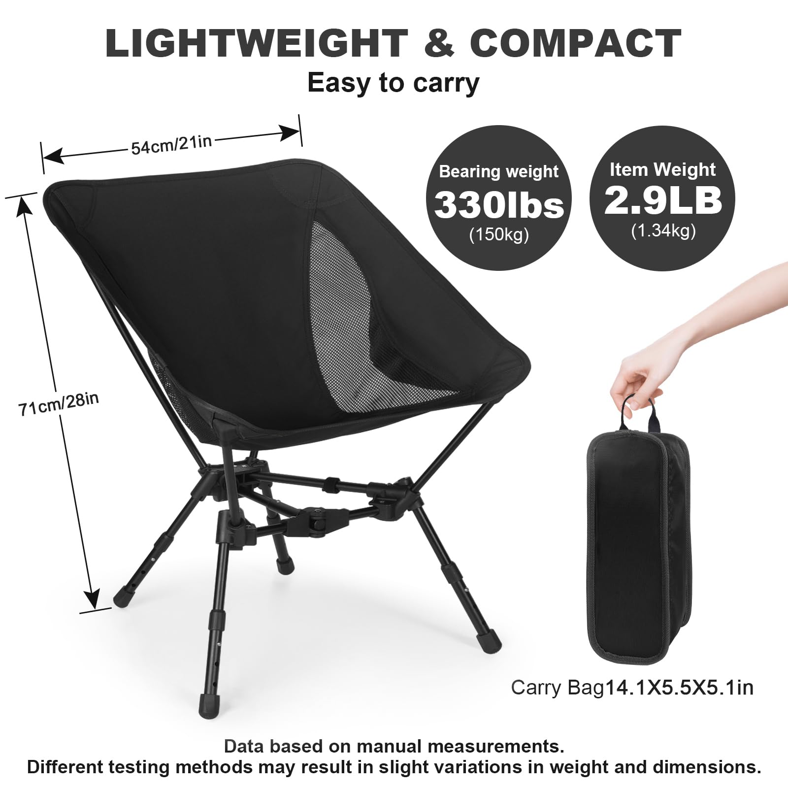 Portable Folding Camping Chair: Lightweight Height Adjustable Camping Chairs Stable Supports 330 Lbs with Side Pockets for Outdoor Camp, Travel, Beach, Lawn (Black)