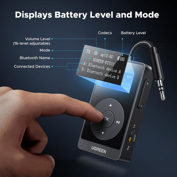 UGREEN Bluetooth 5.3 Transmitter Receiver with aptX, 32H Long Playtime, Dual Connection, Mic for Calls, 2-in-1 Bluetooth Adapter for Airplane, Car, TV, Headphone, Airpods, Speaker