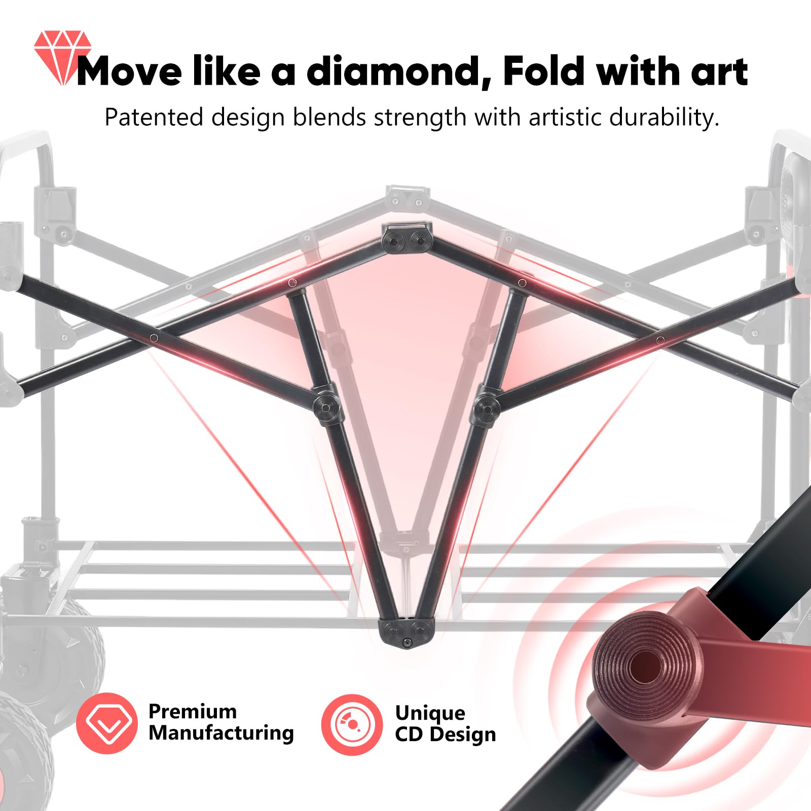 Sekey 332L Folding Festival Trolley with Expandable Tailgate, Patented Design Beach Cart - Diamond Collapsible, Wide All-Terrain Wheels, Brake, 350LB Load Capacity Heavy Duty Wagon for Camping, Black