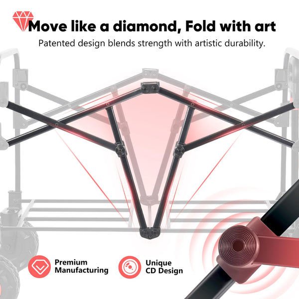 Sekey 332L Folding Festival Trolley with Expandable Tailgate, Patented Design Beach Cart - Diamond Collapsible, Wide All-Terrain Wheels, Brake, 350LB Load Capacity Heavy Duty Wagon for Camping, Black