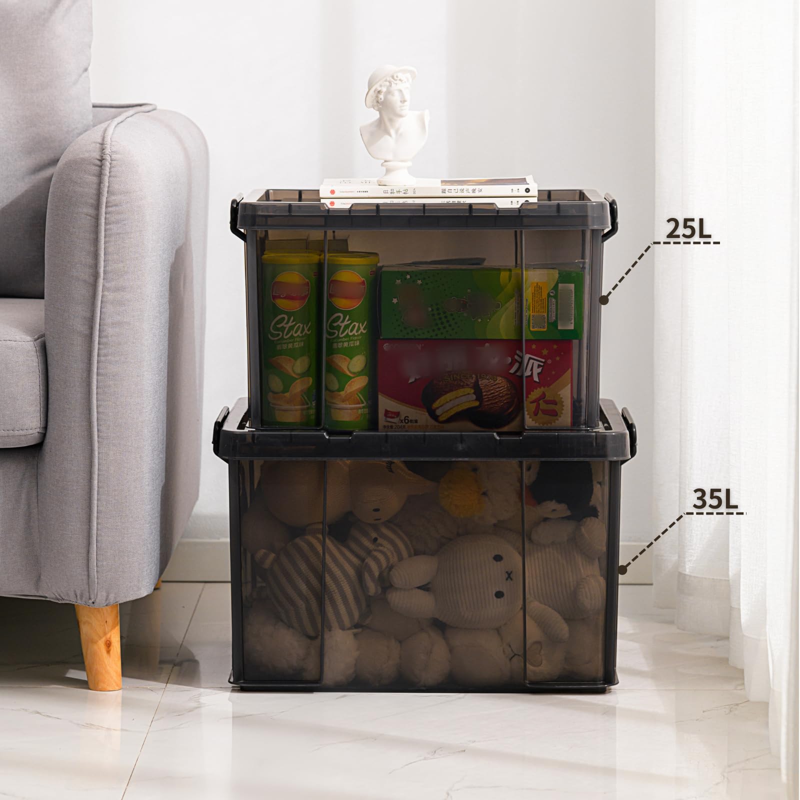 Cetomo 35L*3 Storage Boxes, Stackable Storage Box with Lids, Heavy-Duty Lidded Container with Reinforced Corners, Vertical Sides and Clip Closure,