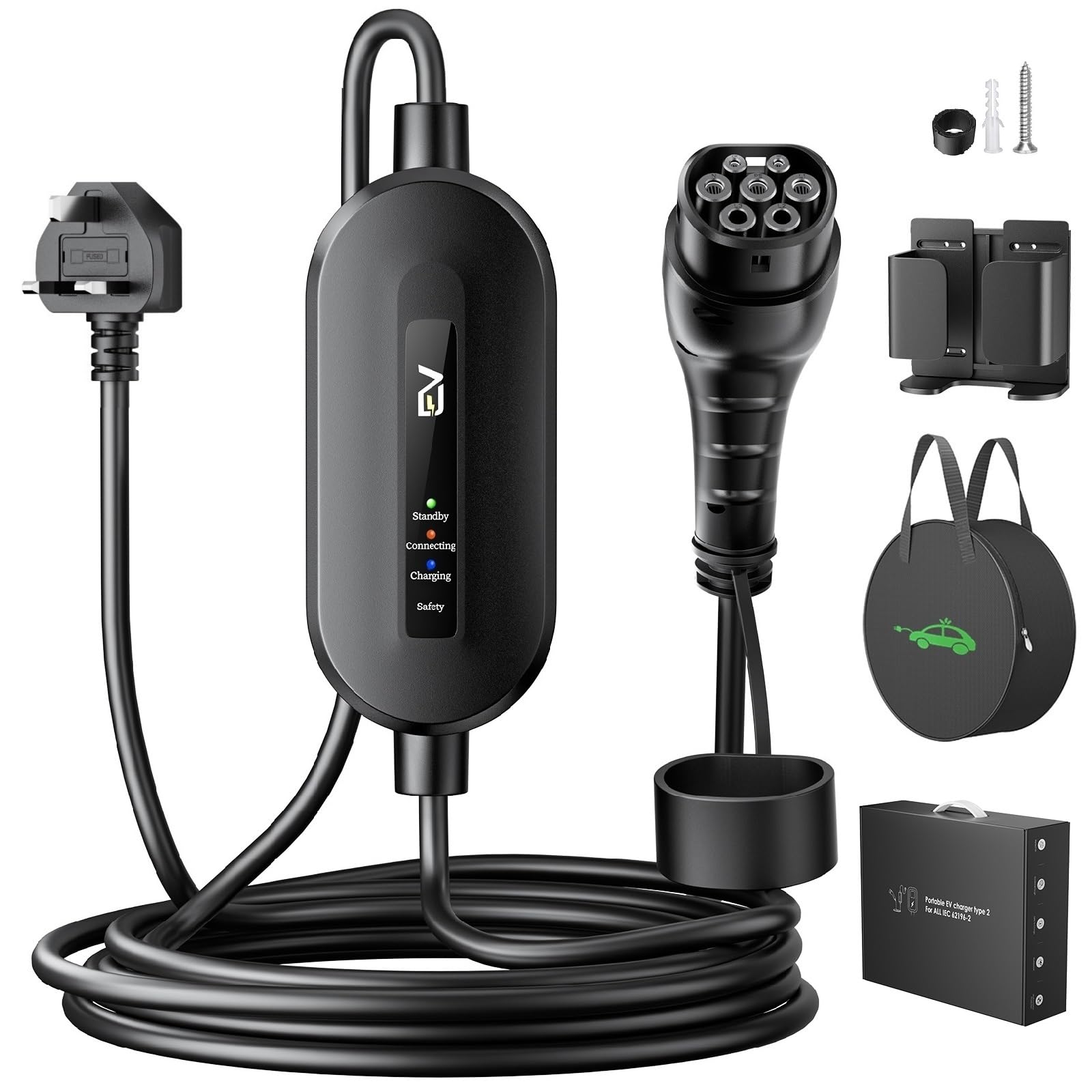 EVJUICION EV Charger Cable Type 2 to 3 Pin Plug, [10A, Max. 2.3kW, 6M] Electric Car Charger 3 Pin with Holder, IP67/IP65 Type 2 Charging Cable 3 Pin, for Type 2 EVs and PHEV