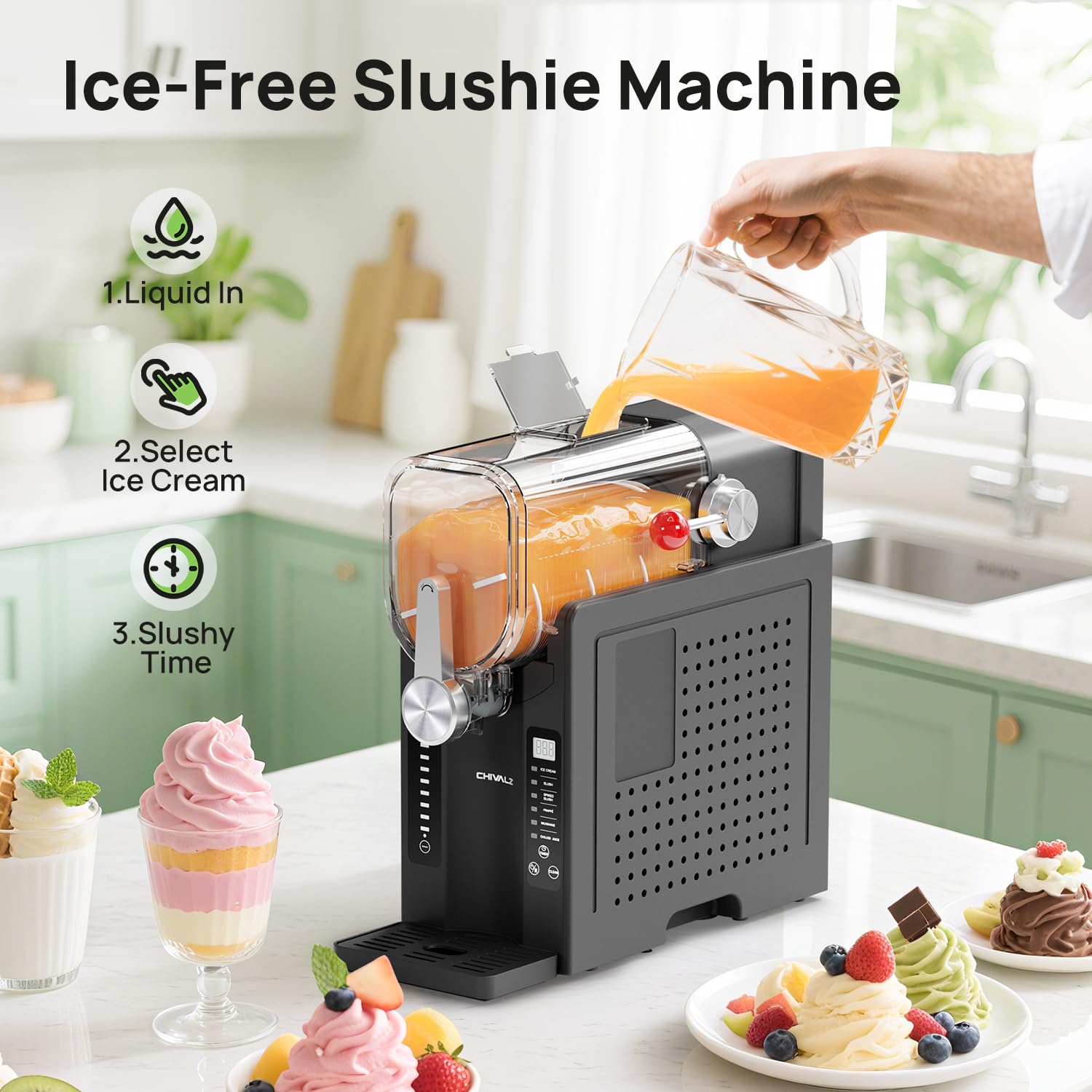 CHIVALZ Slush Machine, Frozen Drink Machine, No Ice Needed, 12H Pre-Scheduling, LED Display, Self-Cleaning, Makes Slushies, Milkshakes, Frappés & Cocktail, AD03, Black, 6 Preset Programs +1 Pack