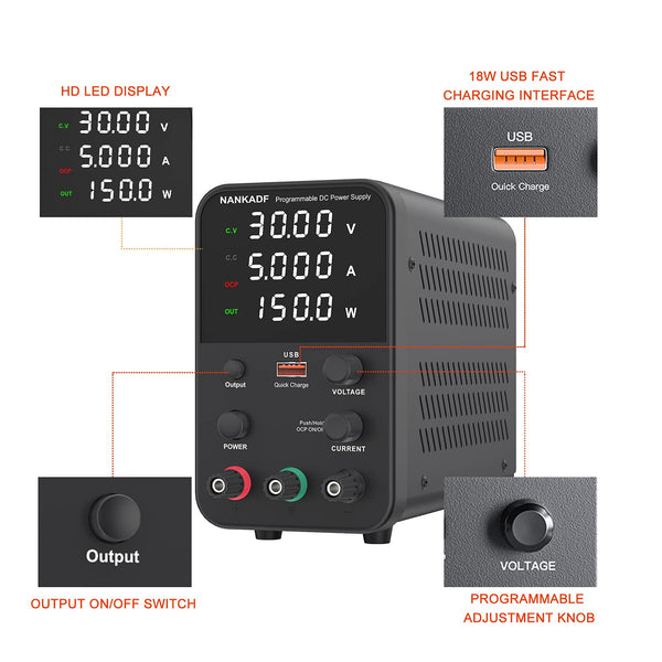 DC power supply (0-30V,0-10A) adjustable, switching power supplies, mini high precision 4-digit display with USB fast charging interface, variable lab bench power supply, output button/encoder knob
