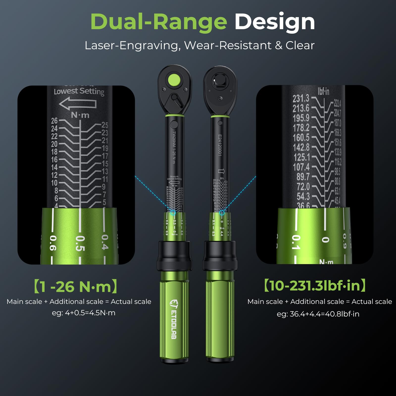 ETOOLAB 1/2 Torque Wrench Dual-Range【20-230Nm/10-170lbf-ft】±3% Precision, 72 Tooth Dual-Direction Adjustable Torque Wrench for Bicycle, Moto, Car Maintenance—3pcs